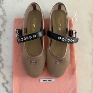 Miu Miu Tan Ballet Flats with Black Eyelet Strap